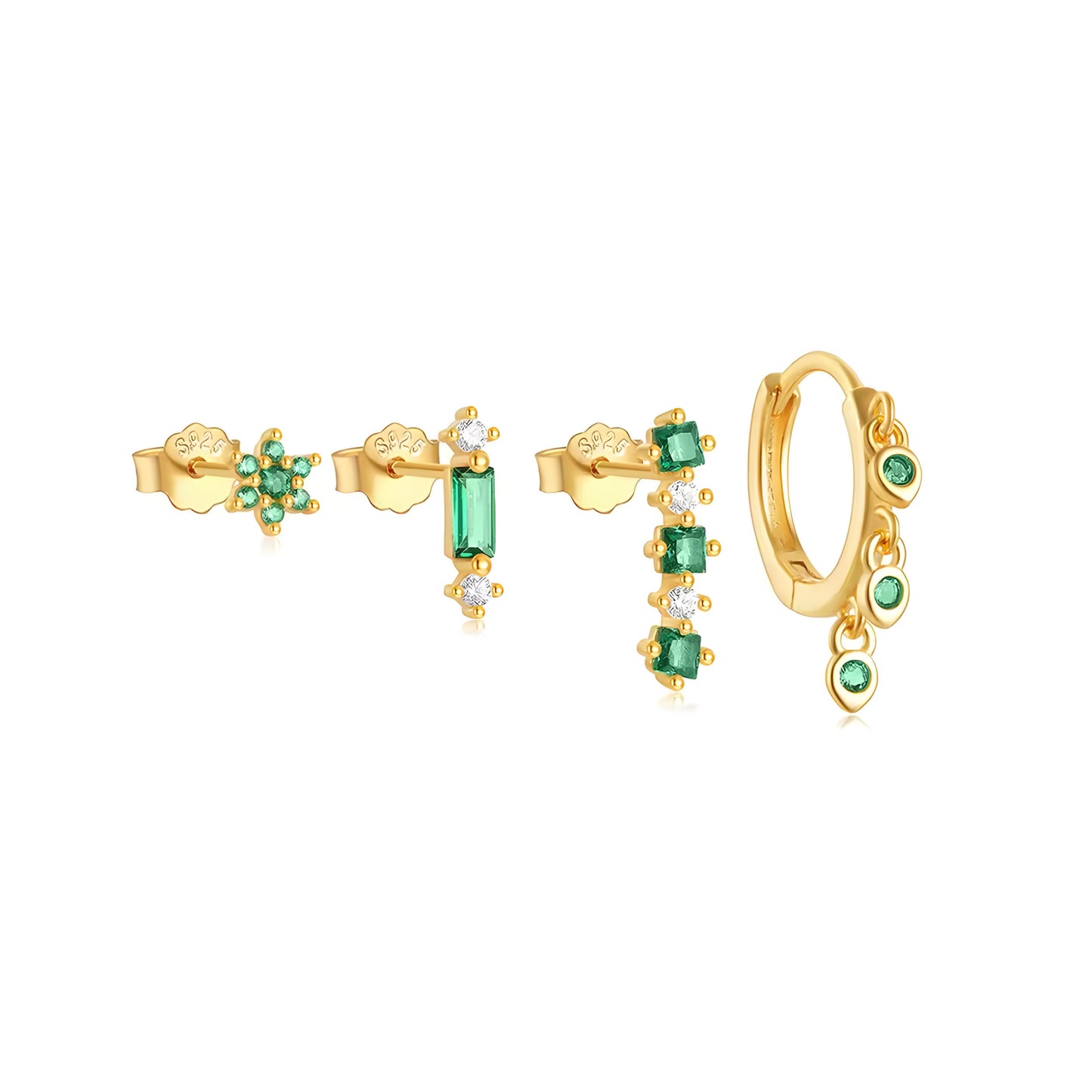 4pcs/set Triple Heart Green Zircon Earring