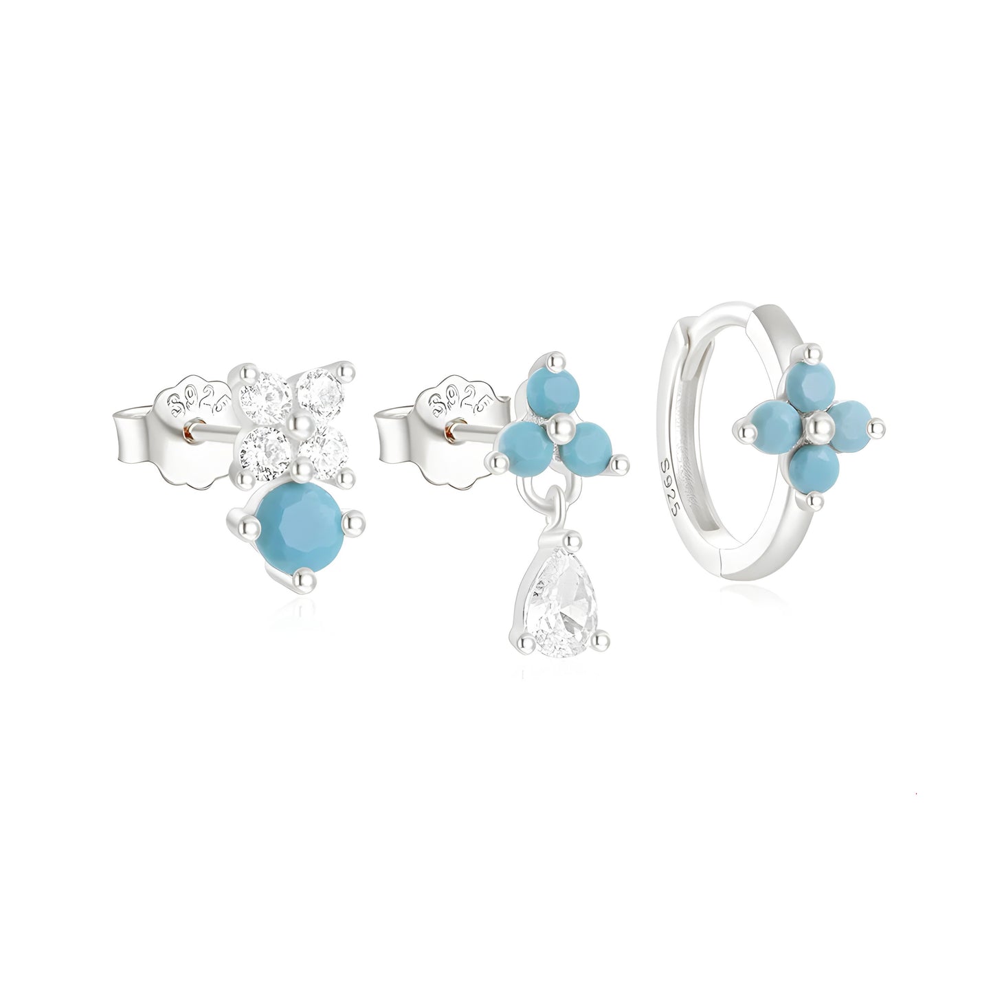3pcs/set Turquoise Flower Hoop Pin Earring Set