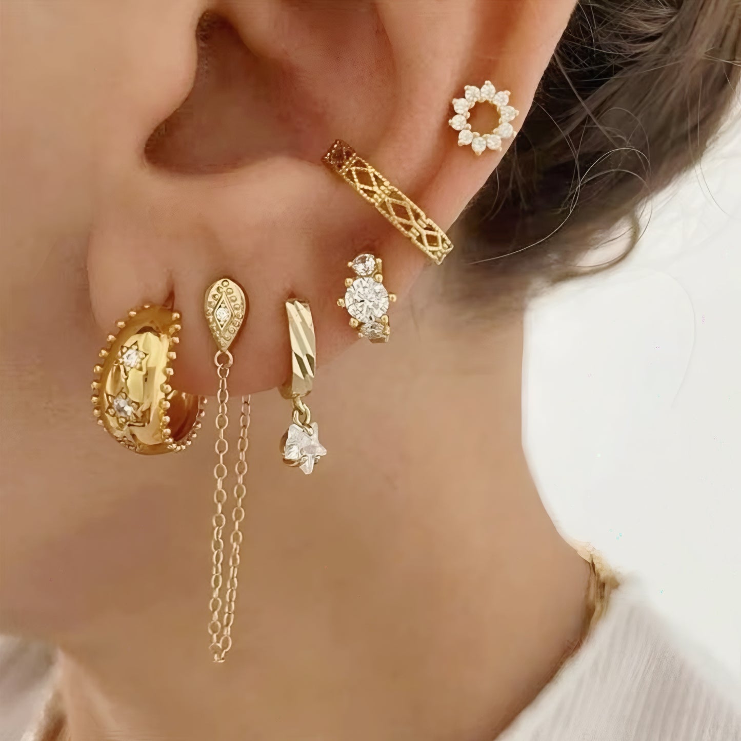 6pcs/set Gold Long Chain, Star Hoop, flower