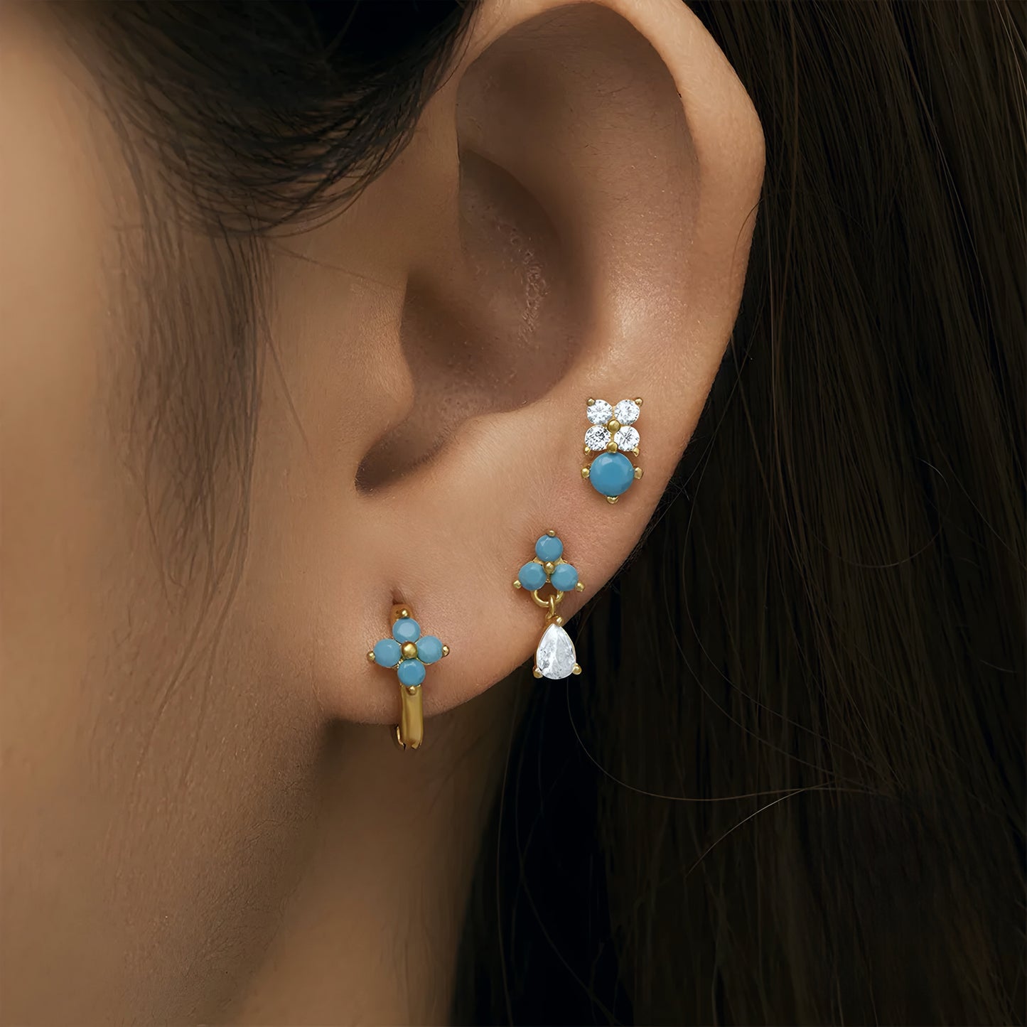 3pcs/set Turquoise Flower Hoop Pin Earring Set