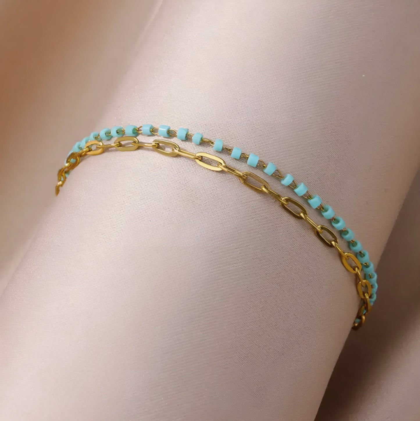 Double Layer Oval chain & Turquoise Beads