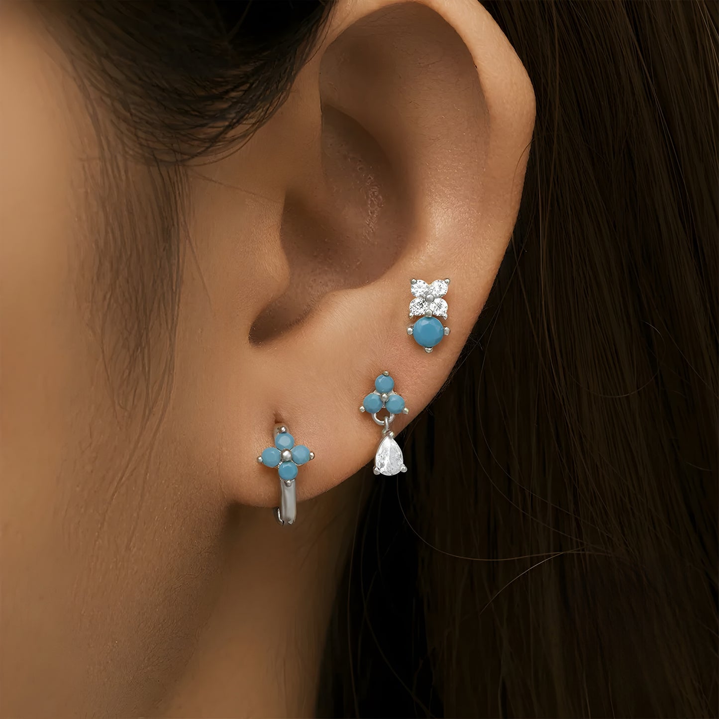 3pcs/set Turquoise Flower Hoop Pin Earring Set