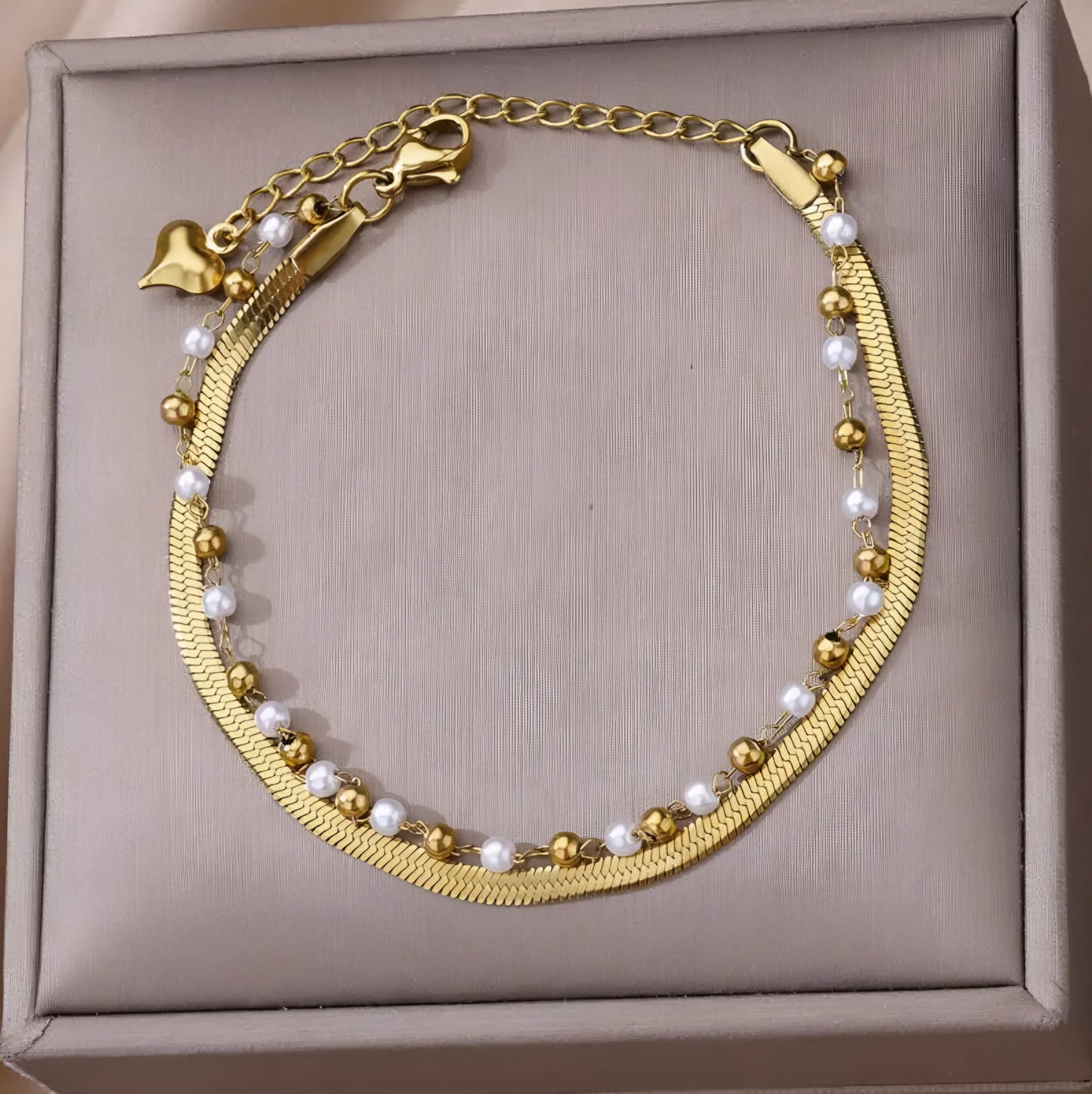 Double Layer Steel & Pearl Beads Anklet