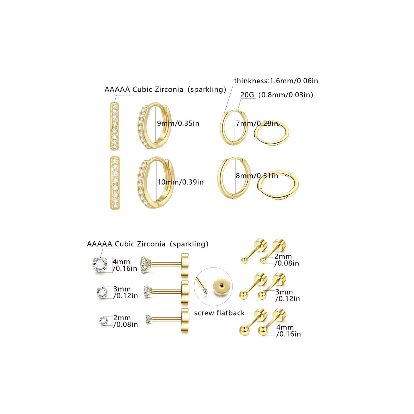 10pcs/set Hoops, Flat Zircon Stud, & Ball Stud