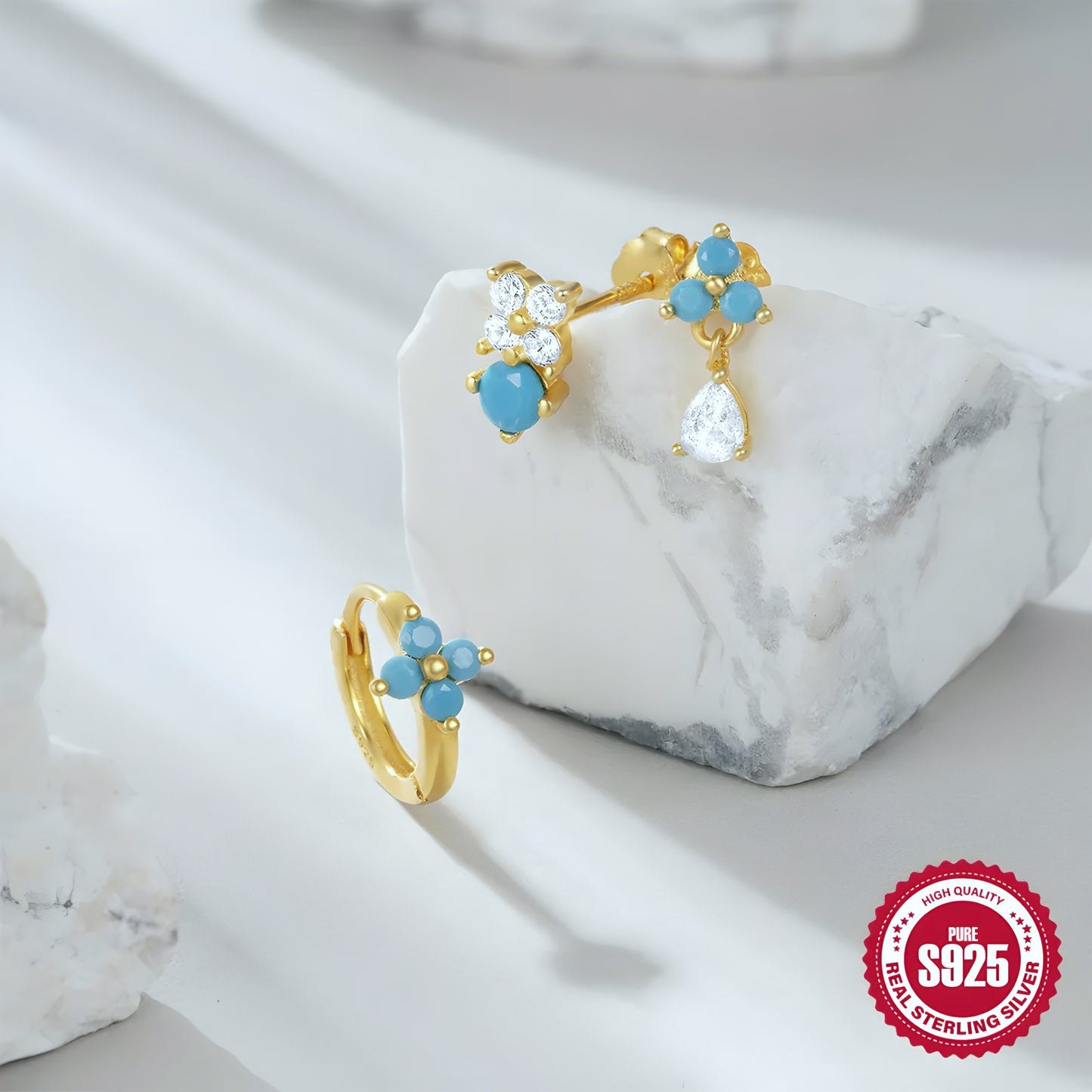 3pcs/set Turquoise Flower Hoop Pin Earring Set