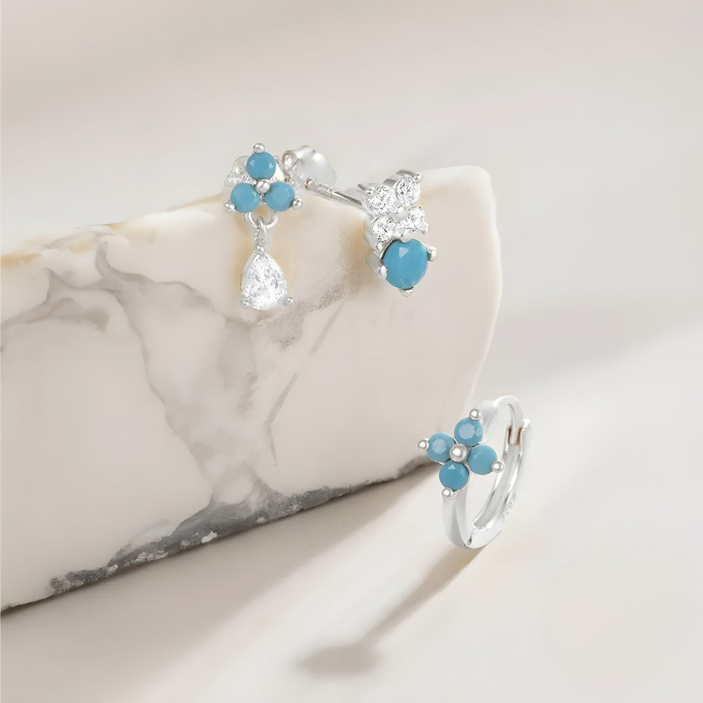 3pcs/set Turquoise Flower Hoop Pin Earring Set