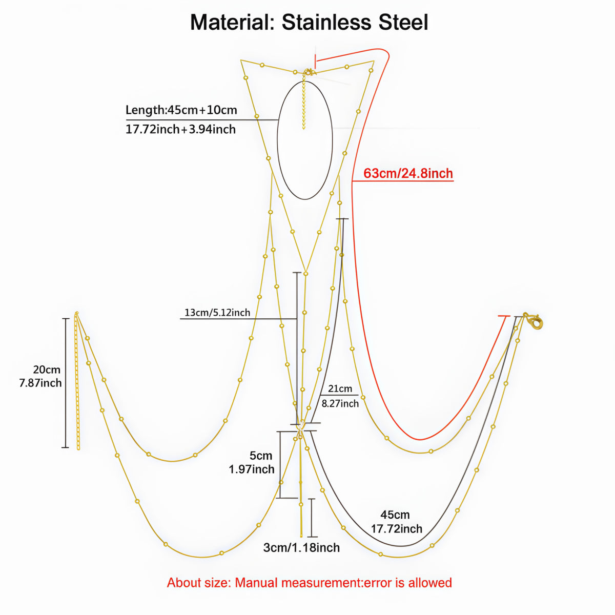 A technical measurement diagram of a stainless steel mesh fishing net or trap, showing dimensions in centimeters and inches with labels for length, width, and height on a white background.