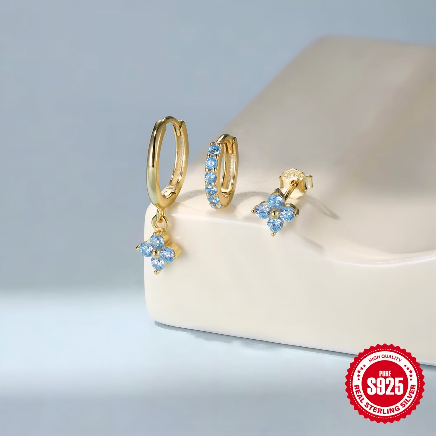 3pcs/set Sky Blue Flora Earring Set